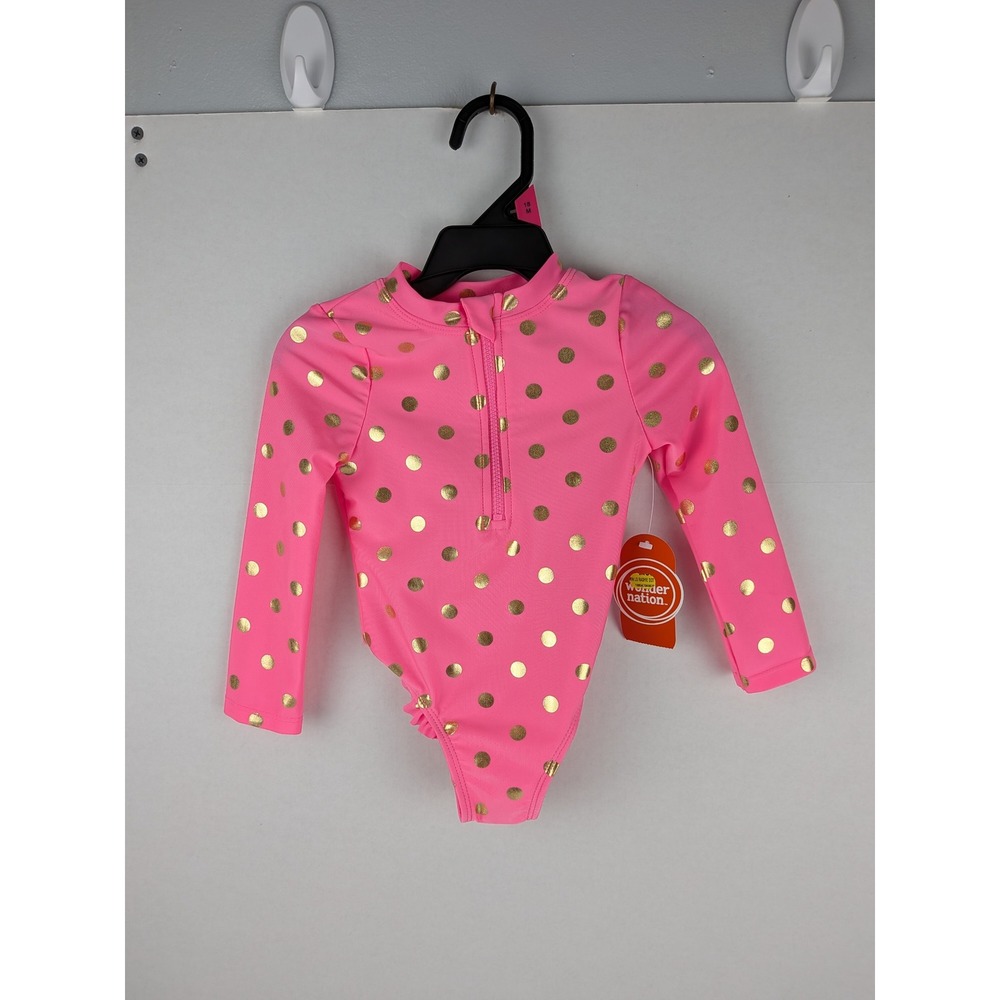 Wonder Nation Baby Toddler Girl Pink Gold Polka‎ Dot Long Sleeve Swimsuit 18M